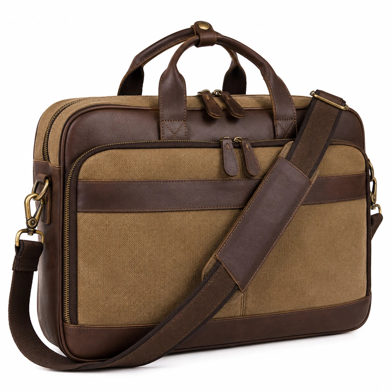 Braune Canvas Laptoptasche mit Lederakzenten