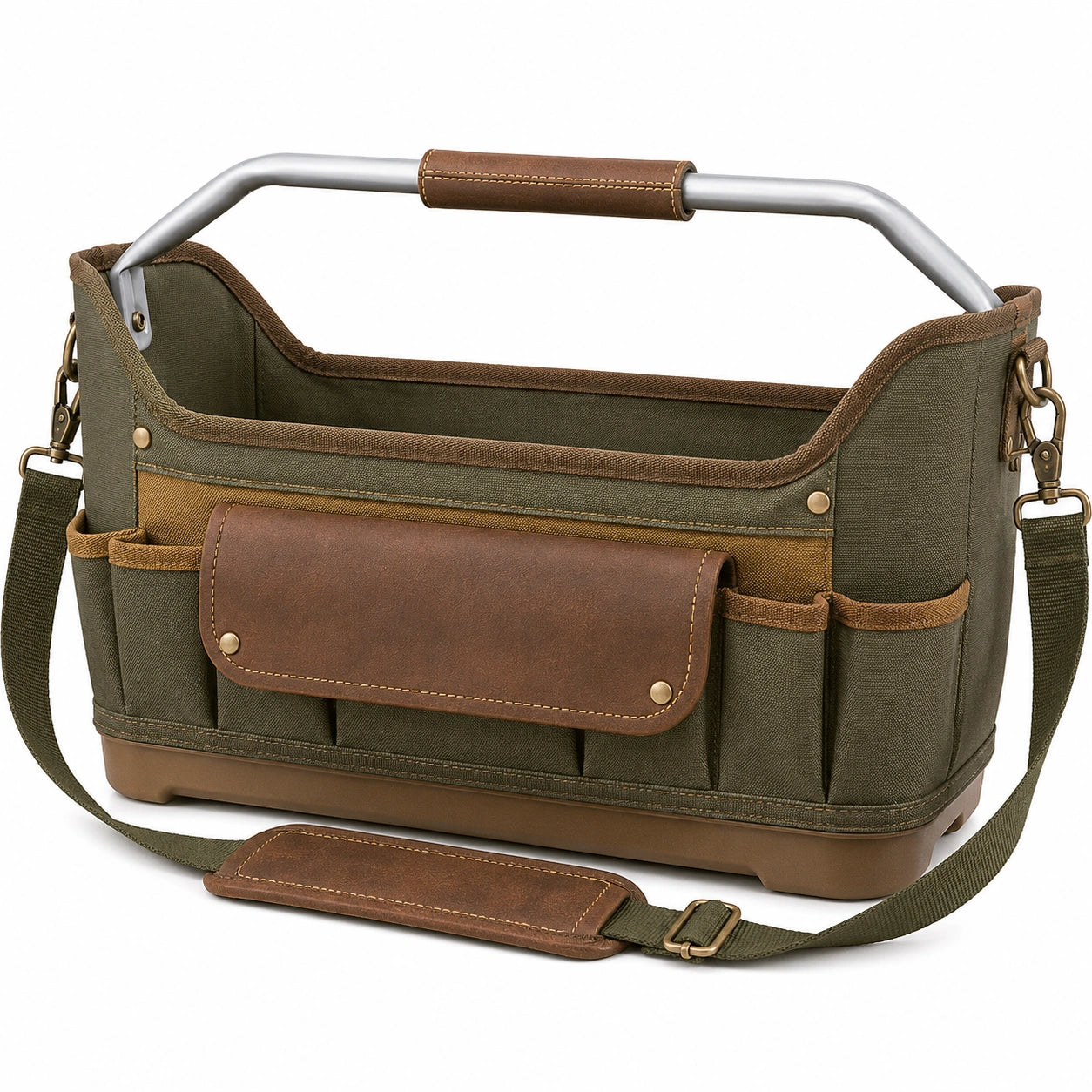 Vielseitige Werkzeugtasche mit Schultergurt in Oliv/Braun
