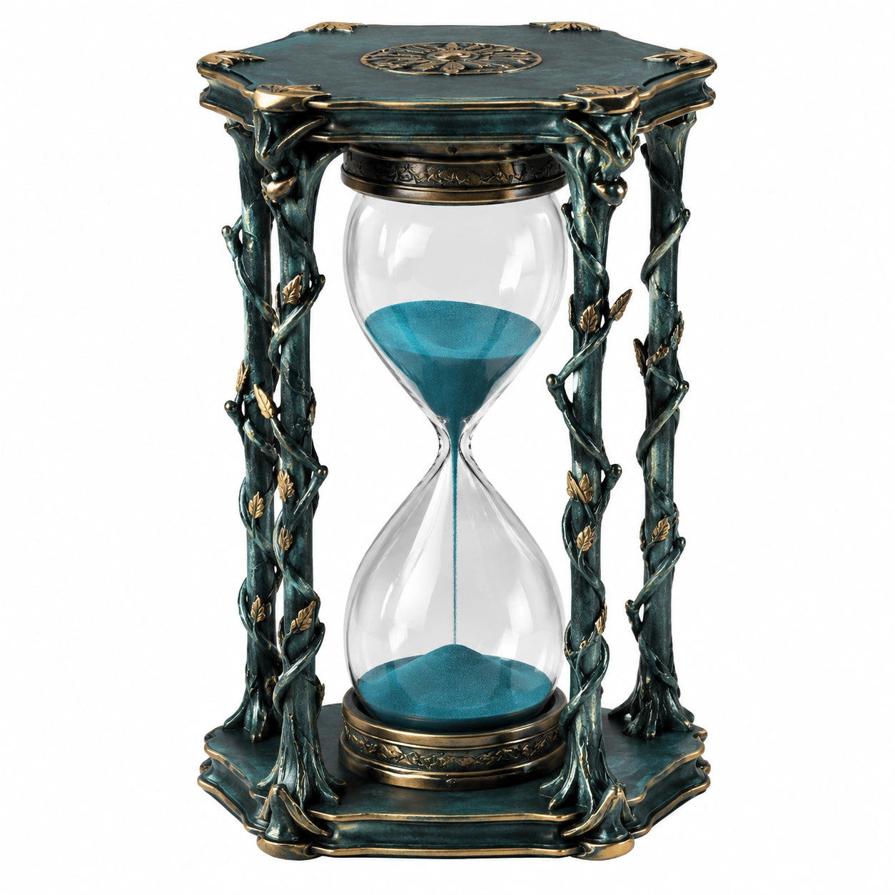 Dekorative Sanduhr in Antik-Optik mit blauem Sand