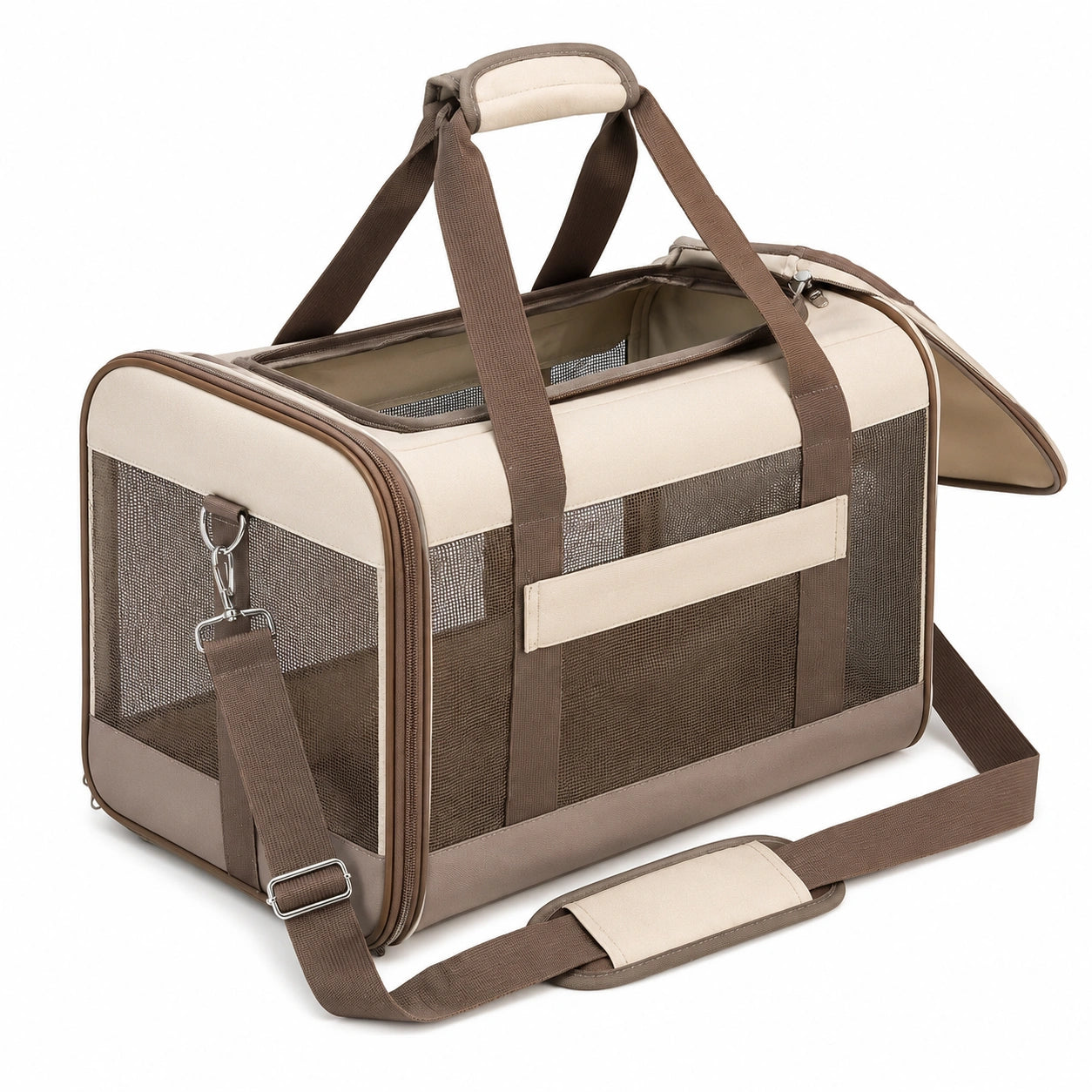 Faltbare Haustiertragetasche mit Netzfenstern Braun und Beige