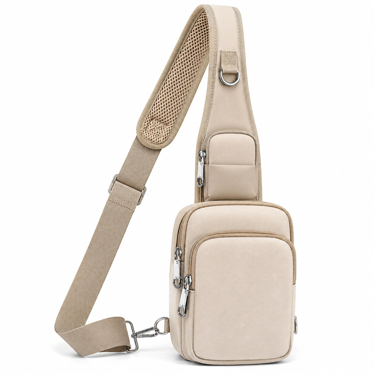 Beige Sling Bag mit Verstellbarem Gurt und Netzgewebe