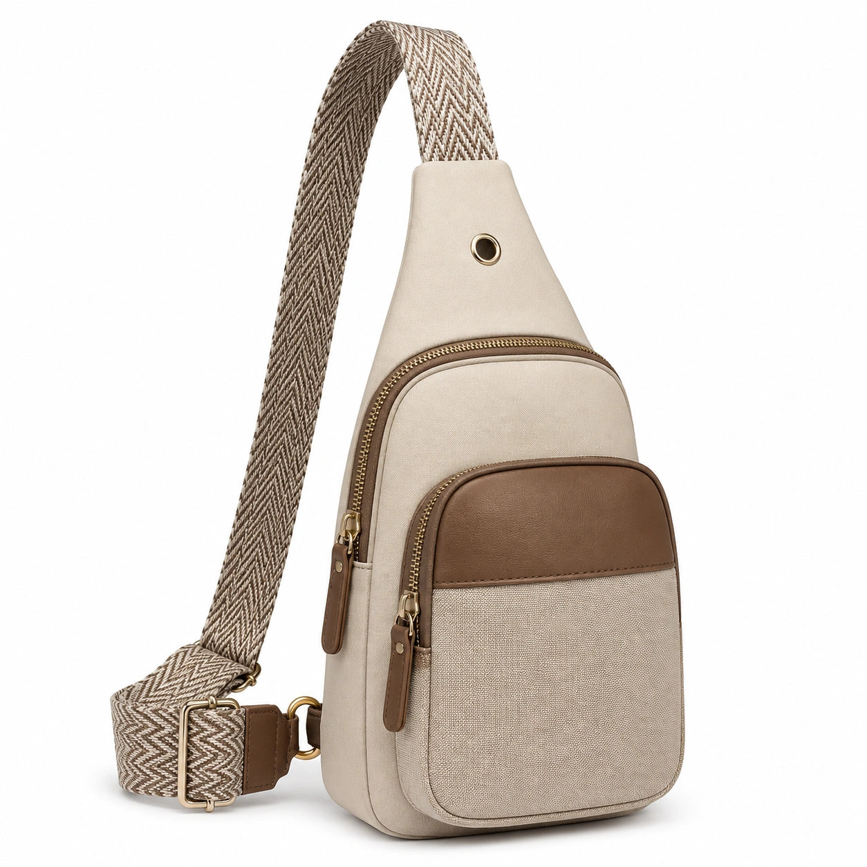 Beige/Braune Umhängetasche mit Leinwand und Kunstlederdetails