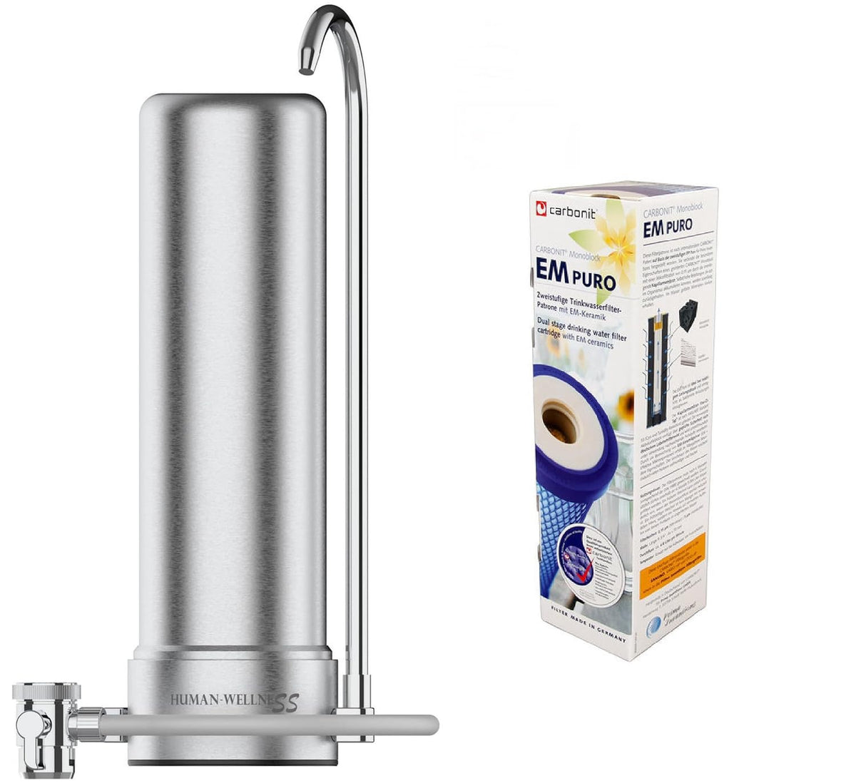Human-Wellness Filtrierung für unter & über der Spüle, 8 l, Silber, Edelstahlfilter HW-ATFS-02 mit Prime-Inventions EM Puro