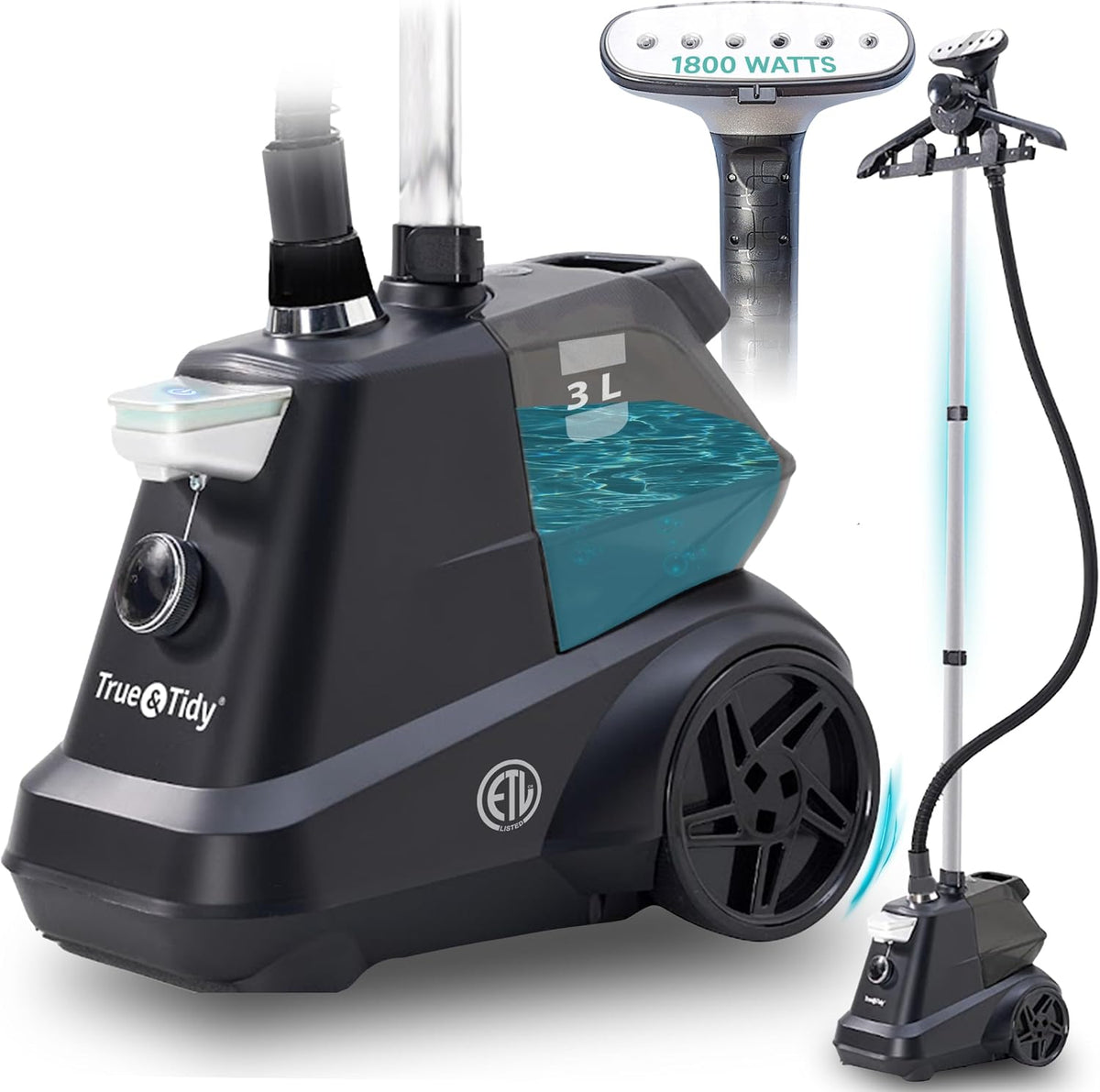 True & Tidy Dampfglätter, Schwarz, ® Industrieller Dampfgarer für Kleidung, 1800 Watt, XL-Wassertank mit 3 Litern 90 Minuten Dampf und 3