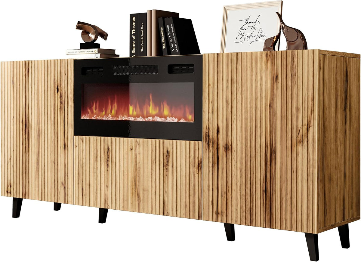 Mirjan24 Sideboard, Braun, Kommode Vailbo 180 mit Elektrischem Kamin, Mehrzweckschrank mit 3 Türen, Realistische LED-Flamme