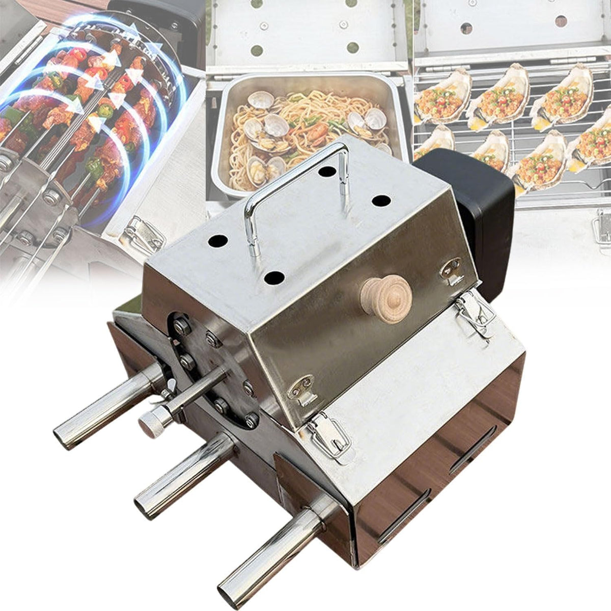 Rotisserie Holzkohlegrill, Silber, Grill mit Trommelkorb, Edelstahl Elektrischer, Dual-Netzteil, 100 Spieße, Camping