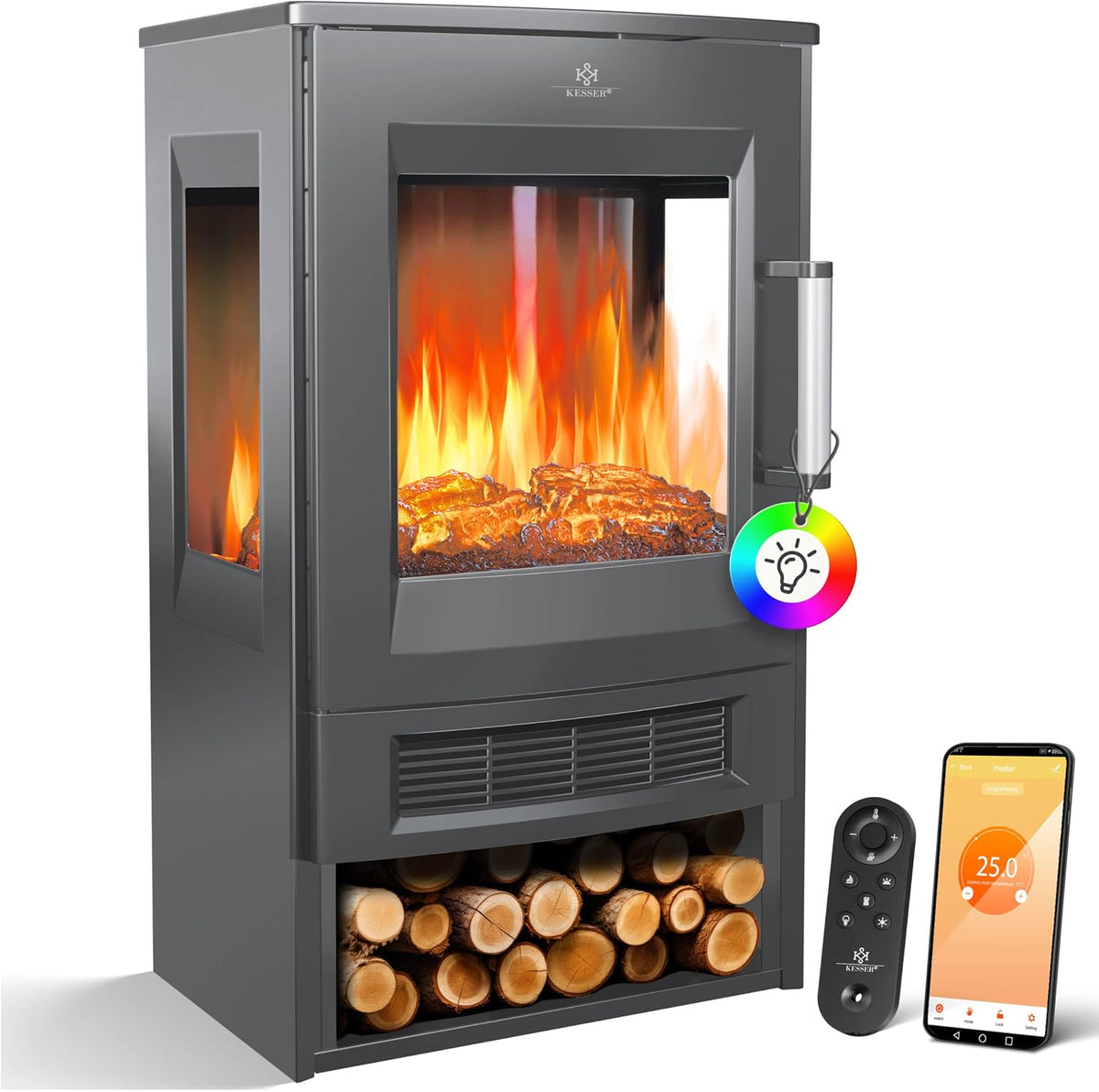 KESSER Elektrokamin, 1800 W, Schwarz, ® mit Heizung Panorama-Sichtfenster Heizlüfter 9