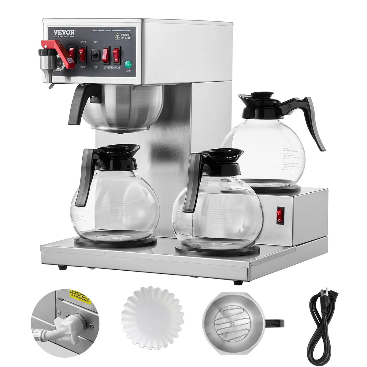 VEVOR Kaffeemaschine, Silber, kommerzielle Filter für 12 Tassen mit 3 Glaskaraffen & 3, Übergieß- aus Edelstahl für Restaurant Büro Café