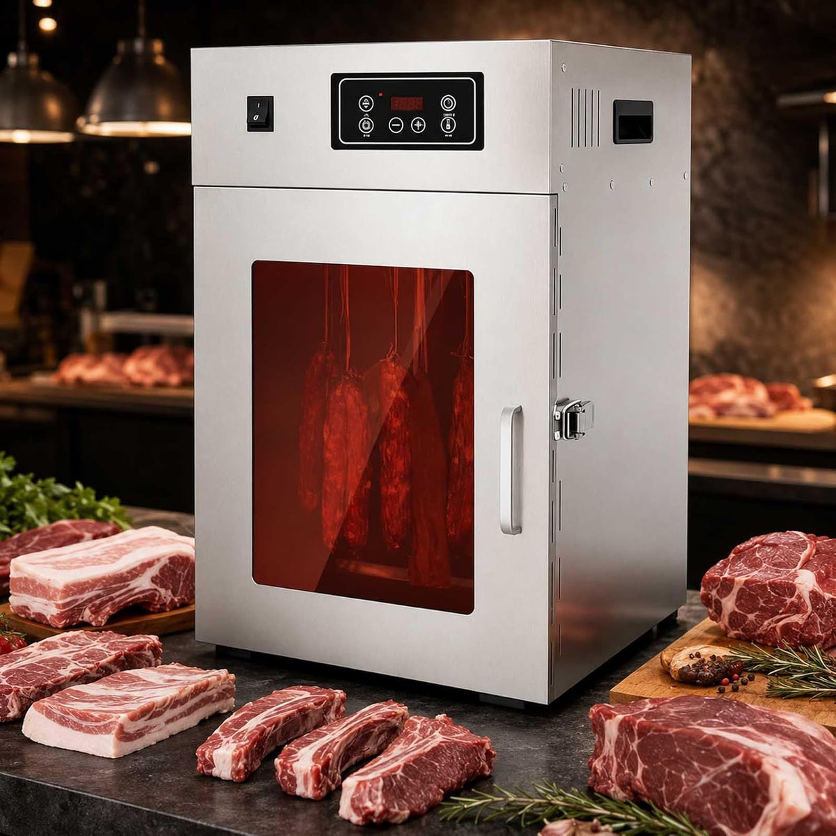 aallwwsso Reifeschrank, 7,5 Kg, 800 W, Silber, Edelstahl-Wursttrockner Mit 24-H-Timer Und 360°-Heißluft, Edelstahl- Mit 30