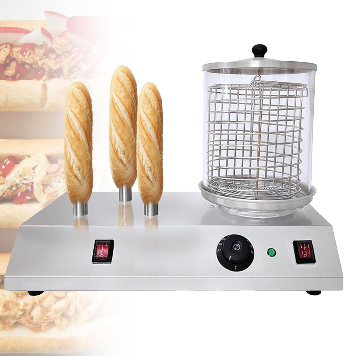 HTTGDGDH Hot Dog-Maschinen, 458 W, Glas, Edelstahl, Silber, Hot-Dog-Dampfgarer, Gewerblicher Wurstgrill, Elektrischer Brotwärmer Aus Edelstahl