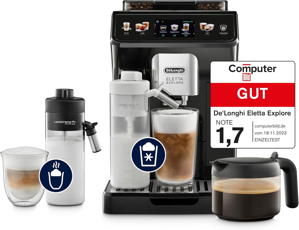 De'Longhi Kaffeevollautomat, Schwarz/Silber, Eletta Explore - Perfetto mit LatteCrema-Milchaufschäumer, 40 Getränke auf Knopfdruck