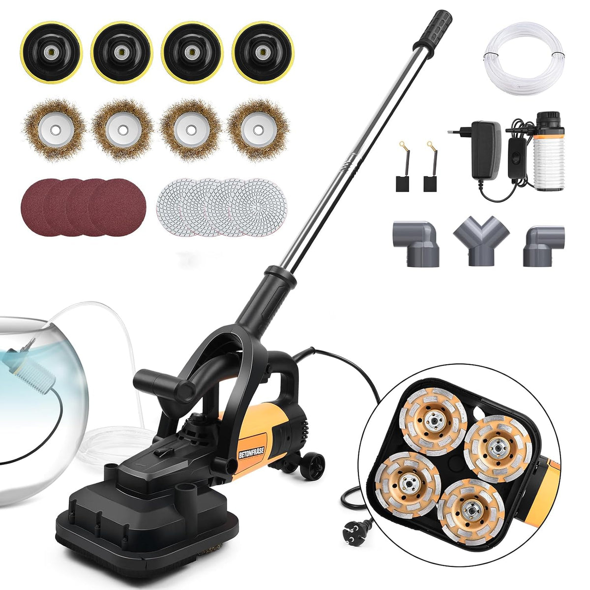 XIIW Schleifer, 3800 W, 100 mm, Schwarz, Beton mit Diamantschleiftopf Ø & Schutzhaube, 6 Stufen
