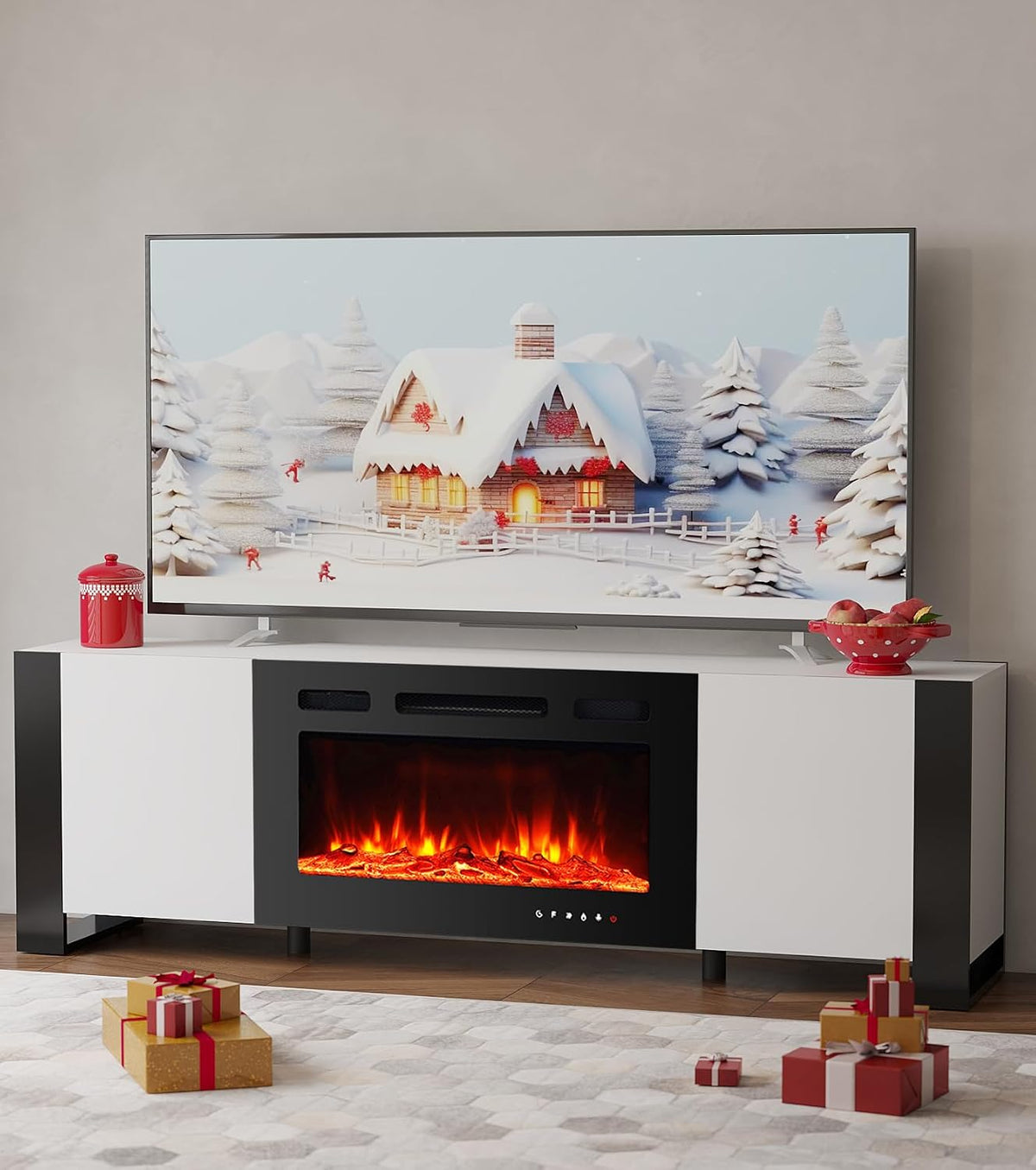 MachenFlame Fernseher, 76 cm, Transparent, Elektrischer Kamin, TV-Ständer, Unterhaltungszentrum, Glaskaminheizung und Set