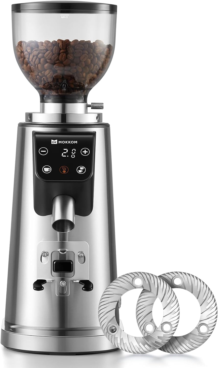 MOKKOM Elektrische Scheibenmühlen, 64 mm, Silber, Professionelle Kaffeemühle mit flachem Grat, mit 100 Mahleinstellungen
