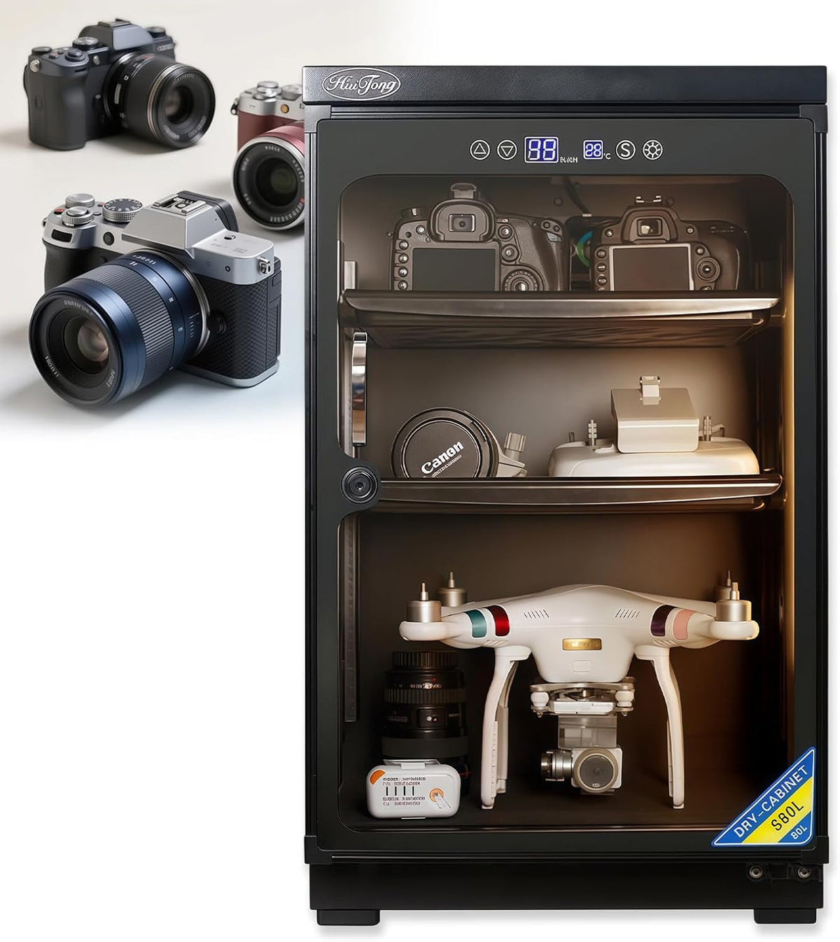 SZTVECFW Kamera, 80 L, Grau, Trockenschrank, Verstellb. Böden, LED Thermo-Hygro, Mit Schloss und LED-Leuchten