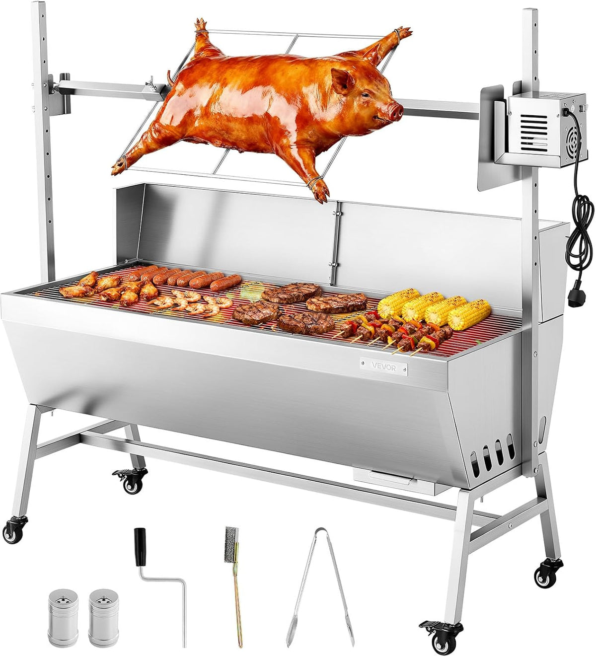 VEVOR Holzkohlegrill, 1218 mm, 60 kg, 38 W, Braun, Drehspießgrill Spanferkelgrill Lammgrill ( Grilllänge) mit, Elektrogrill-Set für Camping