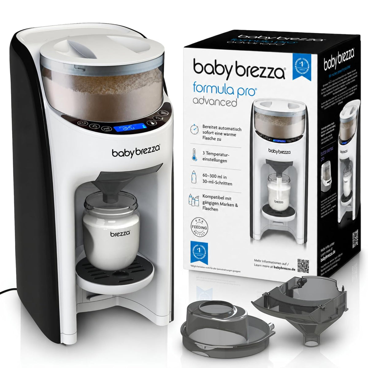 Baby Brezza Flaschenwärmer & -abkühler, Grau, Formula Pro Advanced automatischer Flaschenzubereiter, 2 Milchpulvertrichter (1 im Gerät