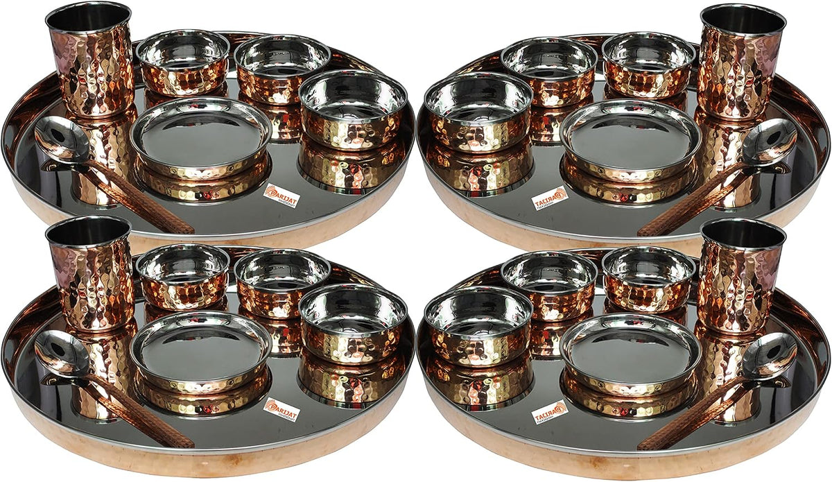 PARIJAT HANDICRAFT Tafelservice, 33 cm, Silber, Indisches Geschirr-Set, 25 Teile, Edelstahl Kupfer traditionelles Geschirr-Set