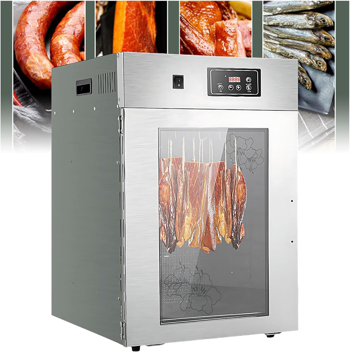 UPLTOE Dörrautomaten, 800 W, Silber, Dörrgerät Und Trockenschrank Aus Edelstahl Für Biltong Und, 14 Haken Zum Aufhängen