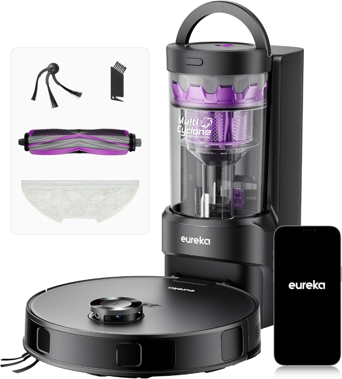 EUREKA Saugroboter, Schwarz, E20 Evo Plus mit Wischfunktion Absaugstation beutelloser, 10000 Pa, Saug Wischroboter mit Selbstentleerung