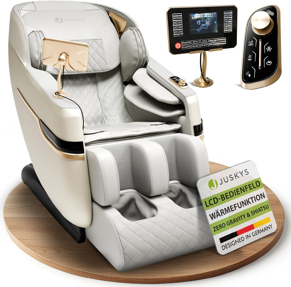 Juskys Massagestühle & Sitzauflagen, Weiß, Massagesessel Naxos, elektronisch mit LCD-Bedienfeld, Bluetooth, Airbags