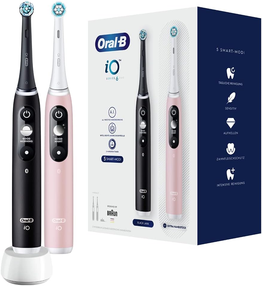 Oral-B Rotierend, Schwarz/Rosa, iO Series 6 Elektrische Zahnbürste/Electric Toothbrush, Doppelpack mit 2 Aufsteckbürsten