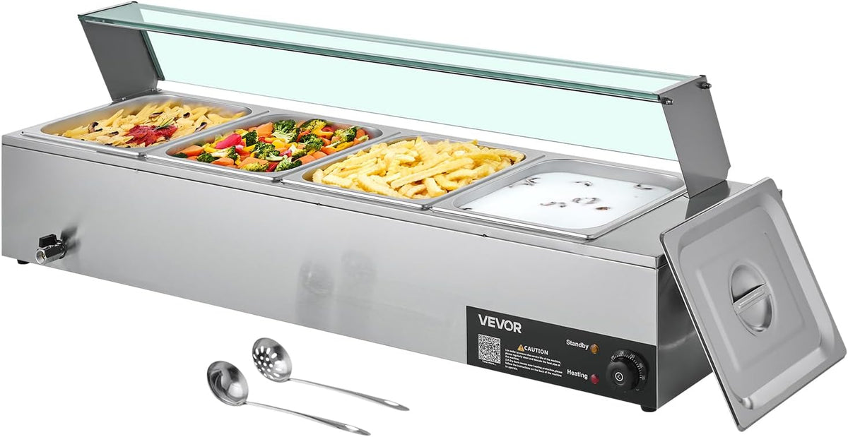 VEVOR Buffetschrank, 1,5 kW, Silber, kommerzieller Speisenwärmer (4 x 1/2 Größe Behälter), elektrischer Wärmebehälter aus Edelstahl mit Glasabdeckung