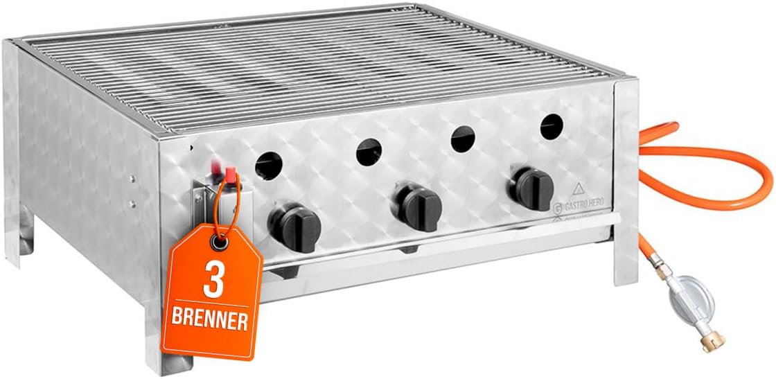 GastroHero Bräter & Grills, 10 kW, Silber, Tischbräter, 3 Brenner, Edelstahl TBG3-T