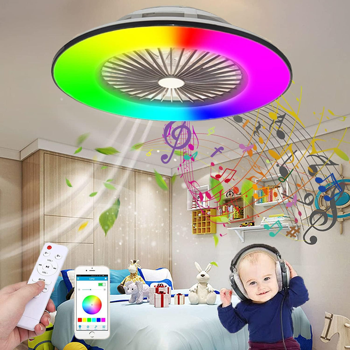 KZT Deckenventilator, Weiß, LED Musik Dimmbar mit Beleuchtung und Fernbedienung RGB Fan
