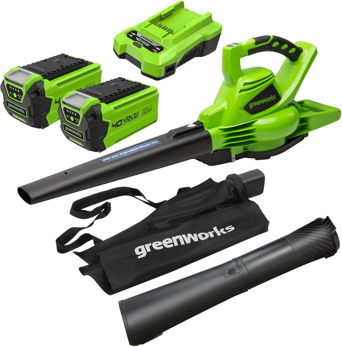 Greenworks Laubbläser, 14.17m, 40 V, 45 L, 2 Ah, Schwarz, Akku Laubsauger/ mit bürstenlosem Motor, 370 km/h, ³/m