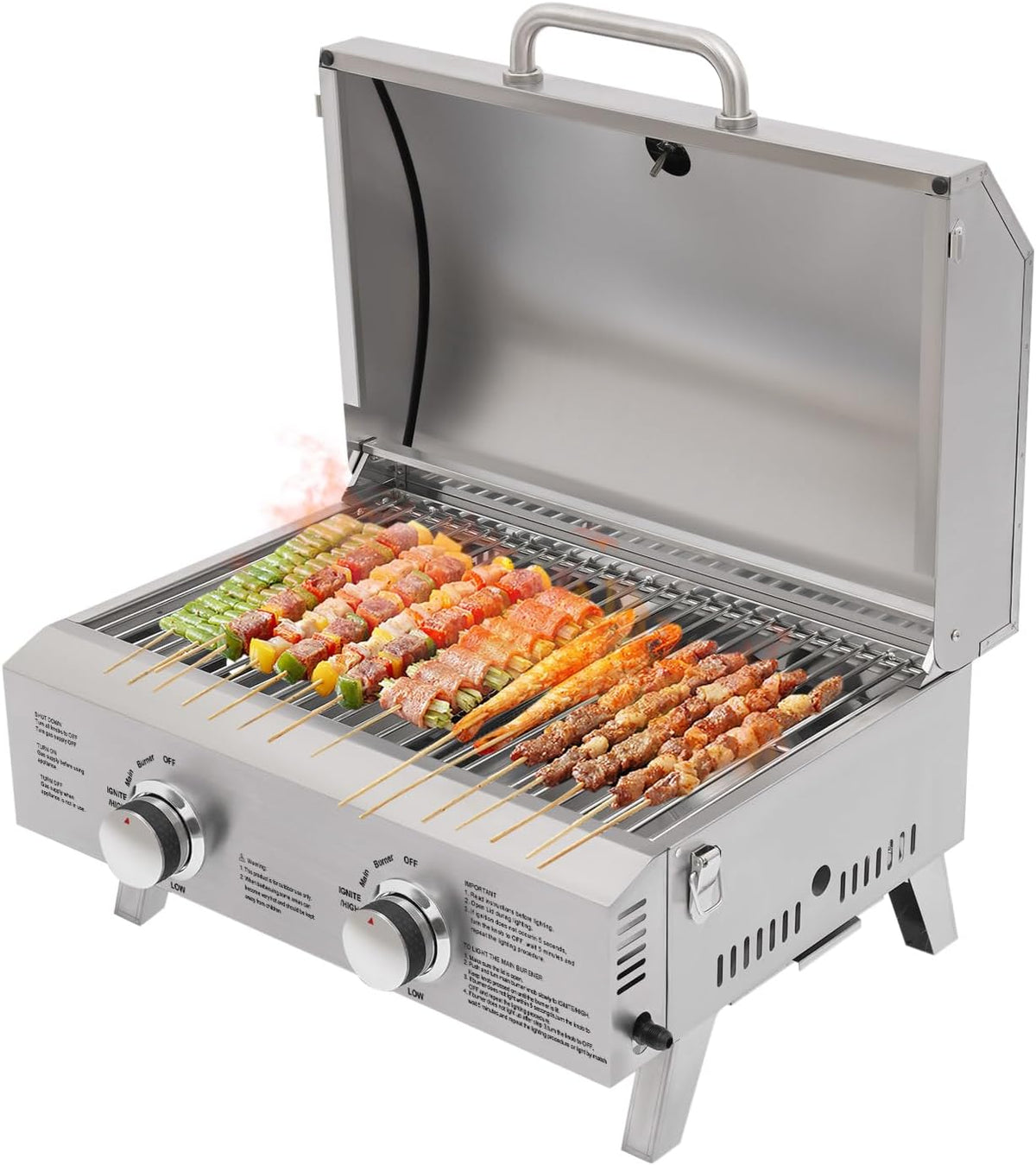 OBLLER Gasgrill, Edelstahl 430, Edelstahl 304, Silber, Tisch 2 Brenner, Klappbarer aus Edelstahl, Piezozündung Tragbarer BBQ Grill