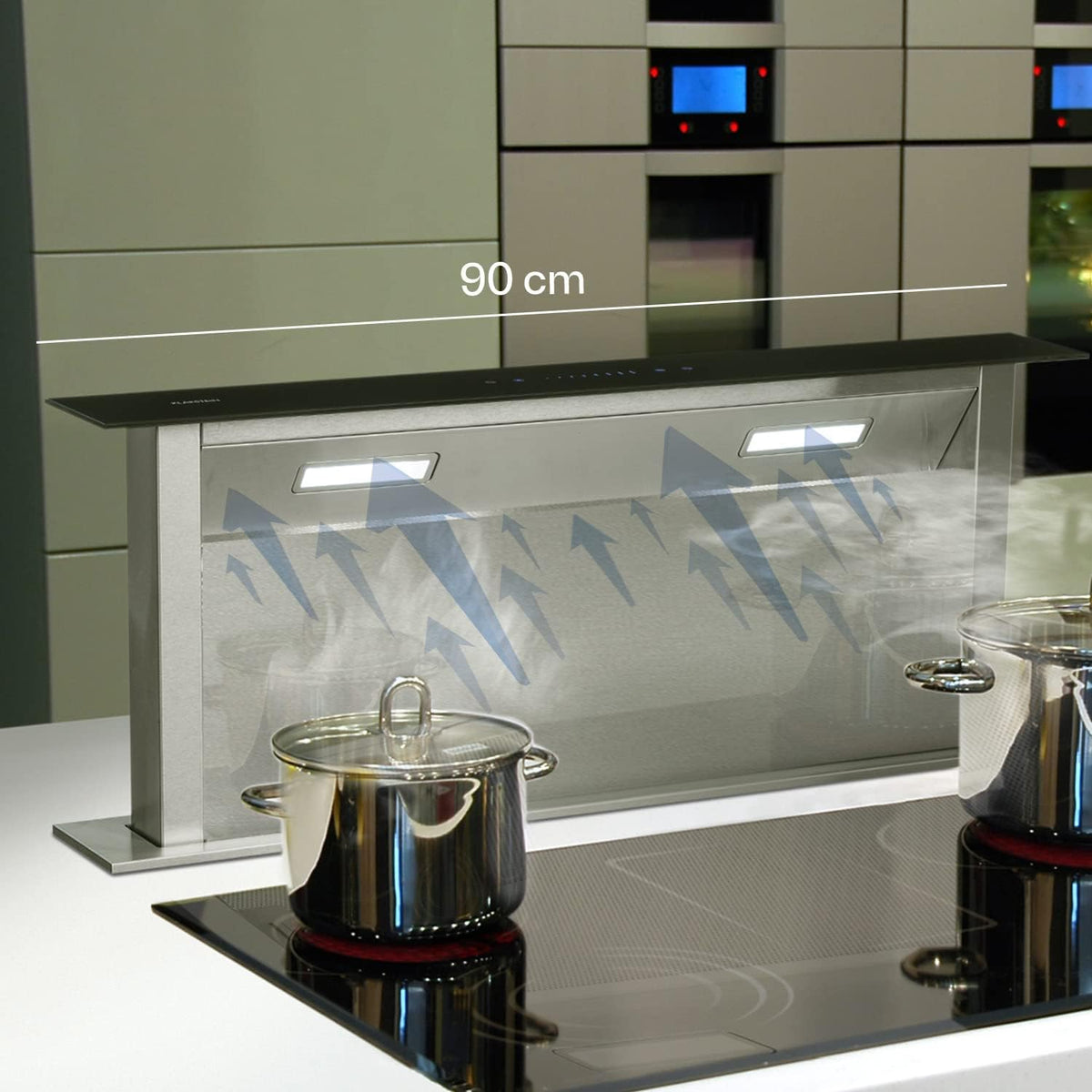Klarstein Dunstabzugshaube, 504 m, 60 cm, Edelstahl, Glas, Schwarz/Silber, Downdraft-, Versenkbare Abzugshaube, Leise n mit Filter