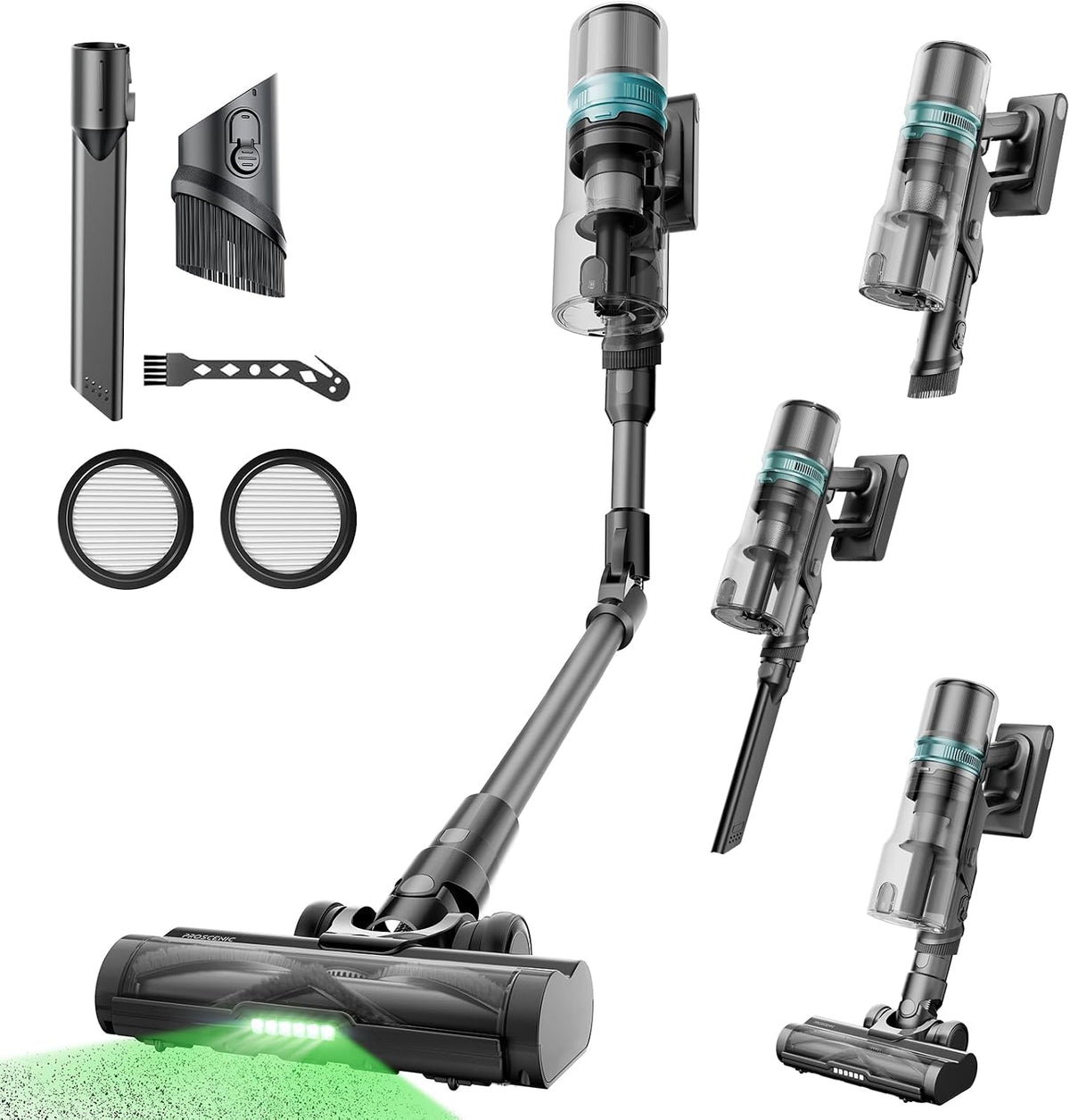 Proscenic Kindersitz, 550 W, Grau, P16 Akku Staubsauger Kabellos, 50000pa 65Min mit Flexibles Biegegelenk, GreenEye-Technologie