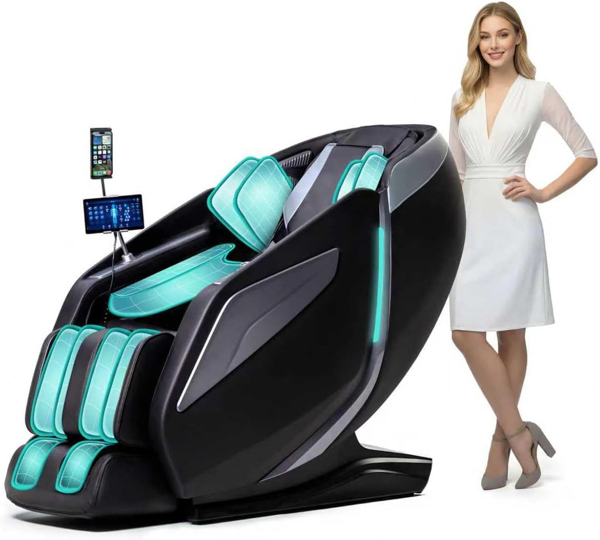HealthRelife Massagestühle & Sitzauflagen, Grau, 4D Massagesessel mit App-Steuerung 42 Luftkissen AI, 15 Programme