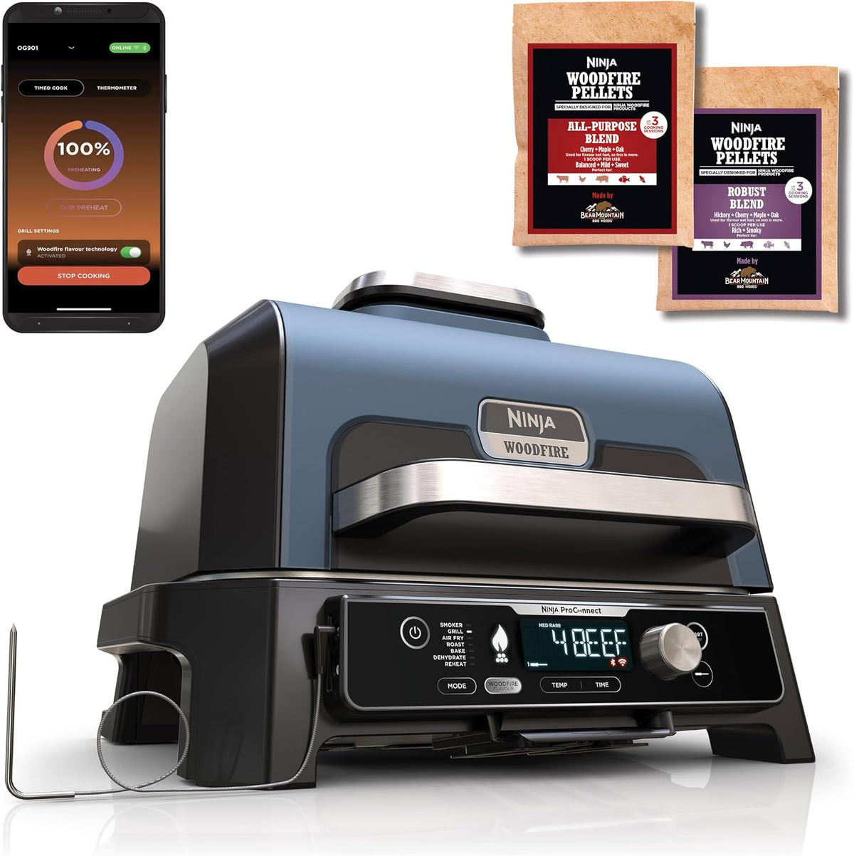 Ninja Outdoor-Grill, Schwarz, Woodfire Pro Connect XL Elektrischer BBQ Smoker Grill, wetterfest