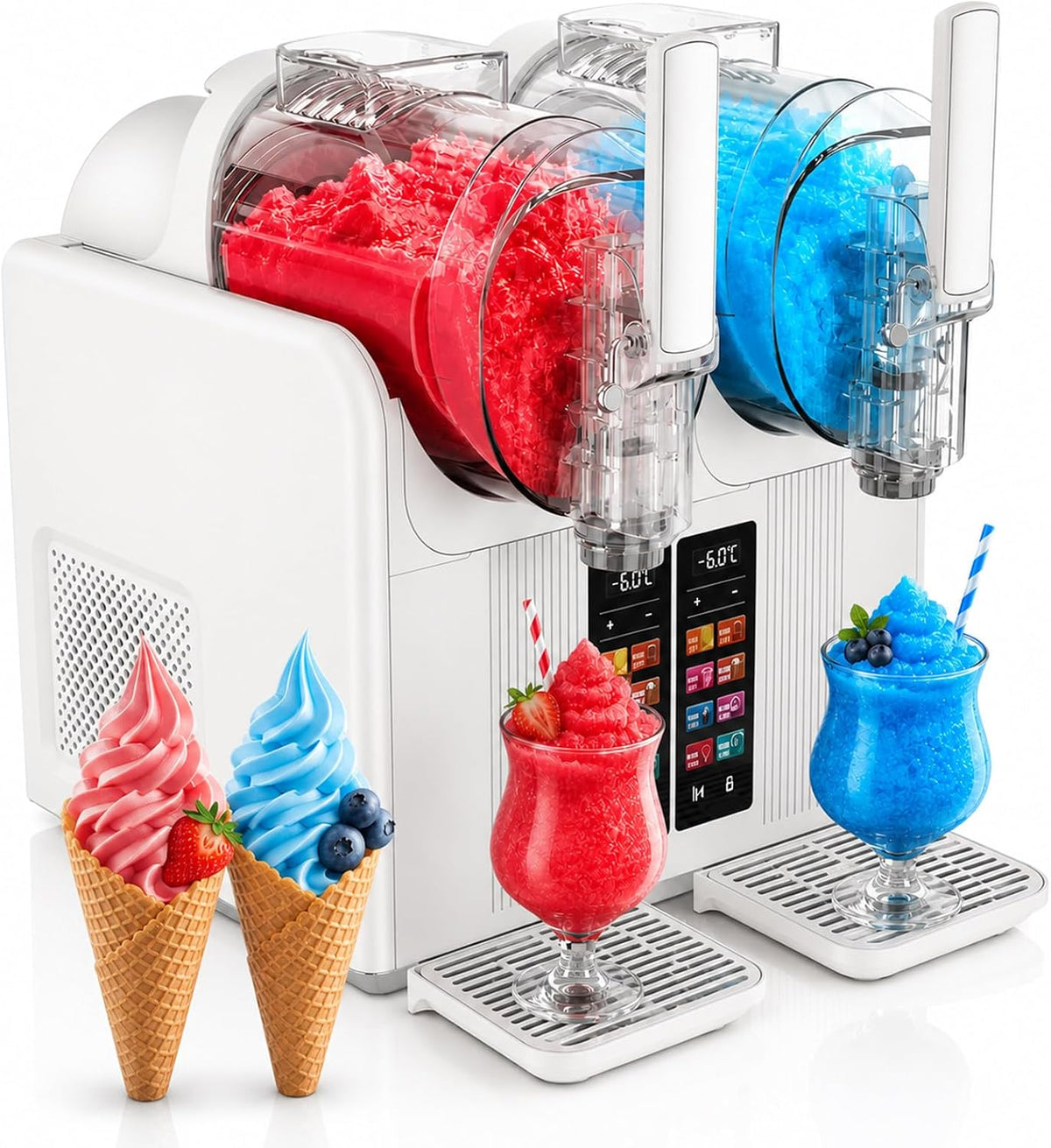 SHUMIAO Eismaschine, Weiß, Soft und Slush-Maschine 2 in 1, Profi mit 2 Transparenten Behältern & Touchscreen, Eiscremebereiter für Frozen Joghurt