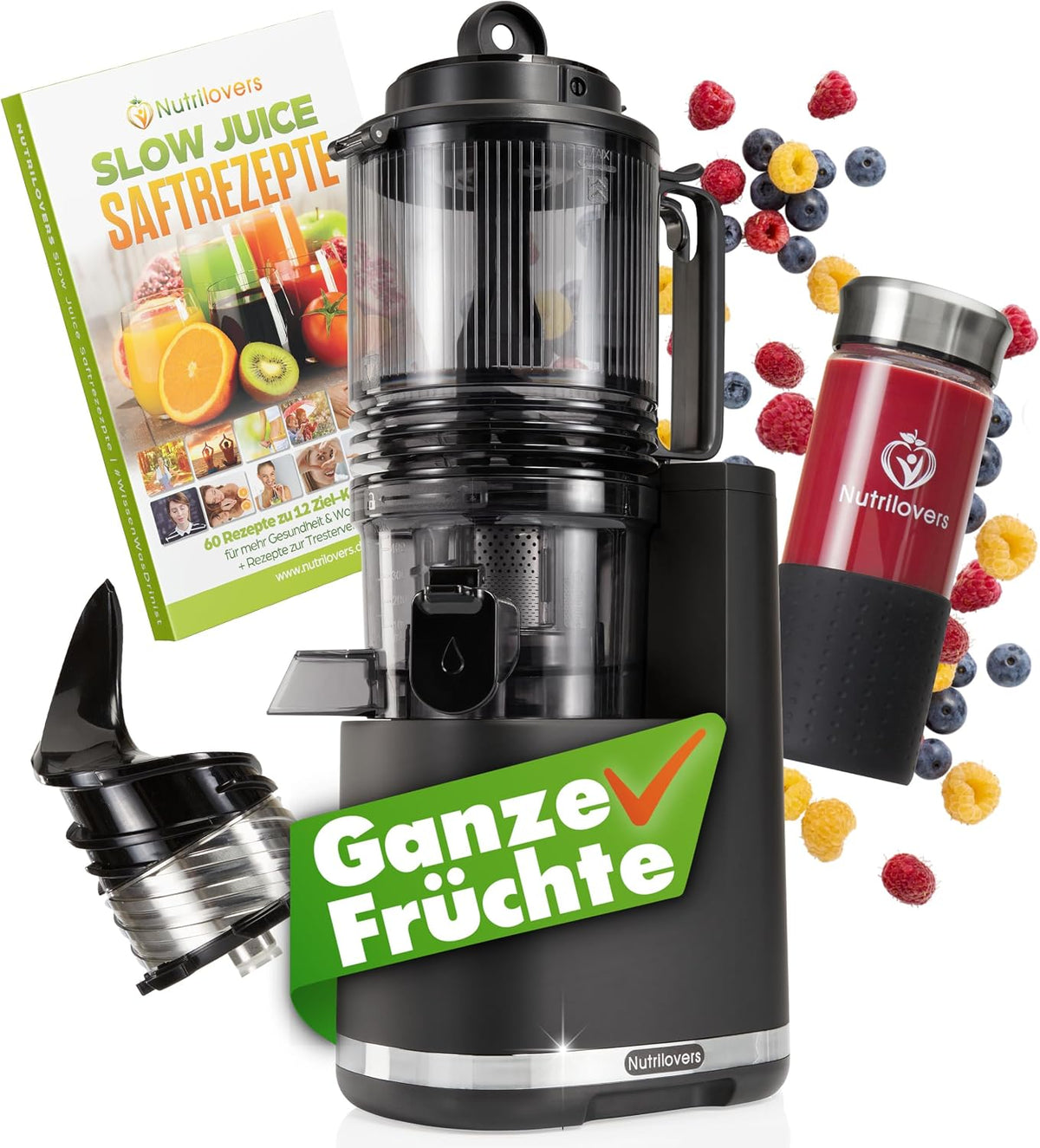 Nutrilovers Mastizier-Entsafter mit einer Schnecke, 150 mm, Schwarz, Slow Juicer NUTRI-PRESS MAX+ Ganze Früchte entsaften