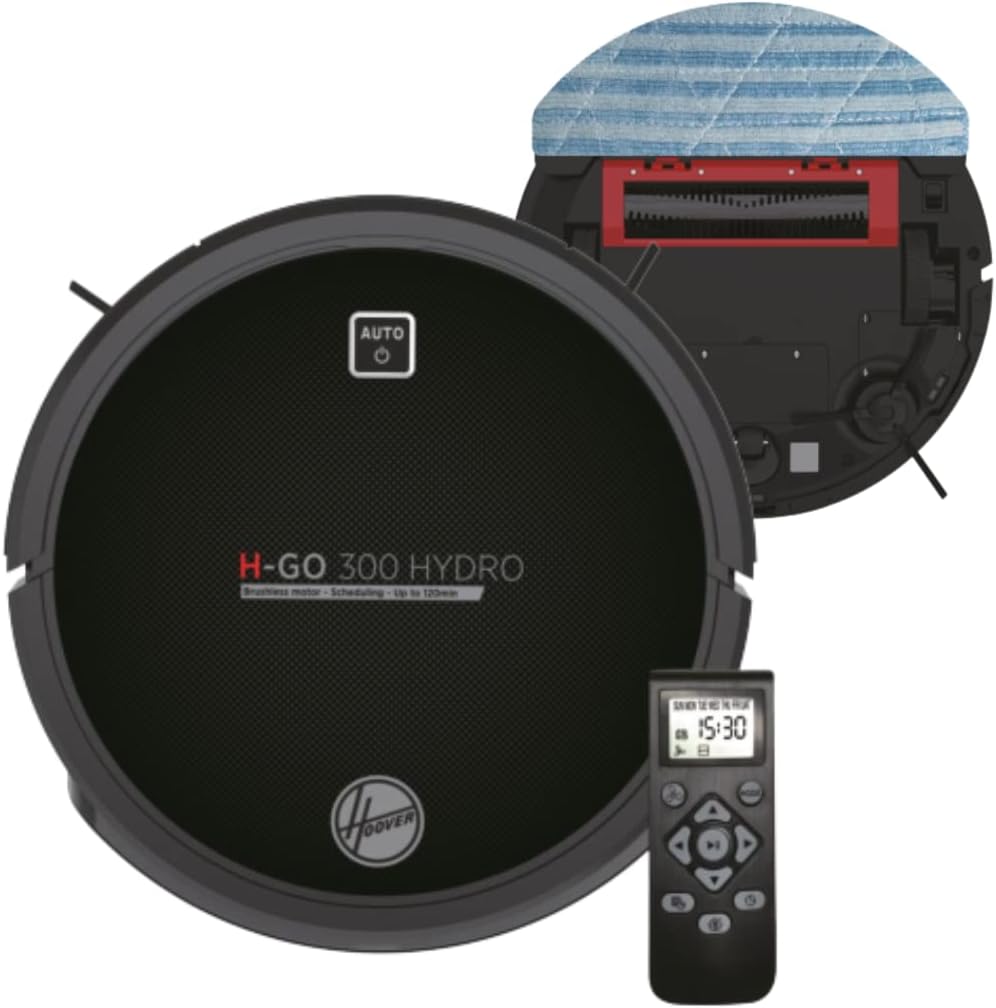 Hoover Saugroboter, Schwarz, H-GO 300 Hydro, mit Wischfunktion für alle Böden & Teppich, Roboter Staubsauger mit 5 Programmen