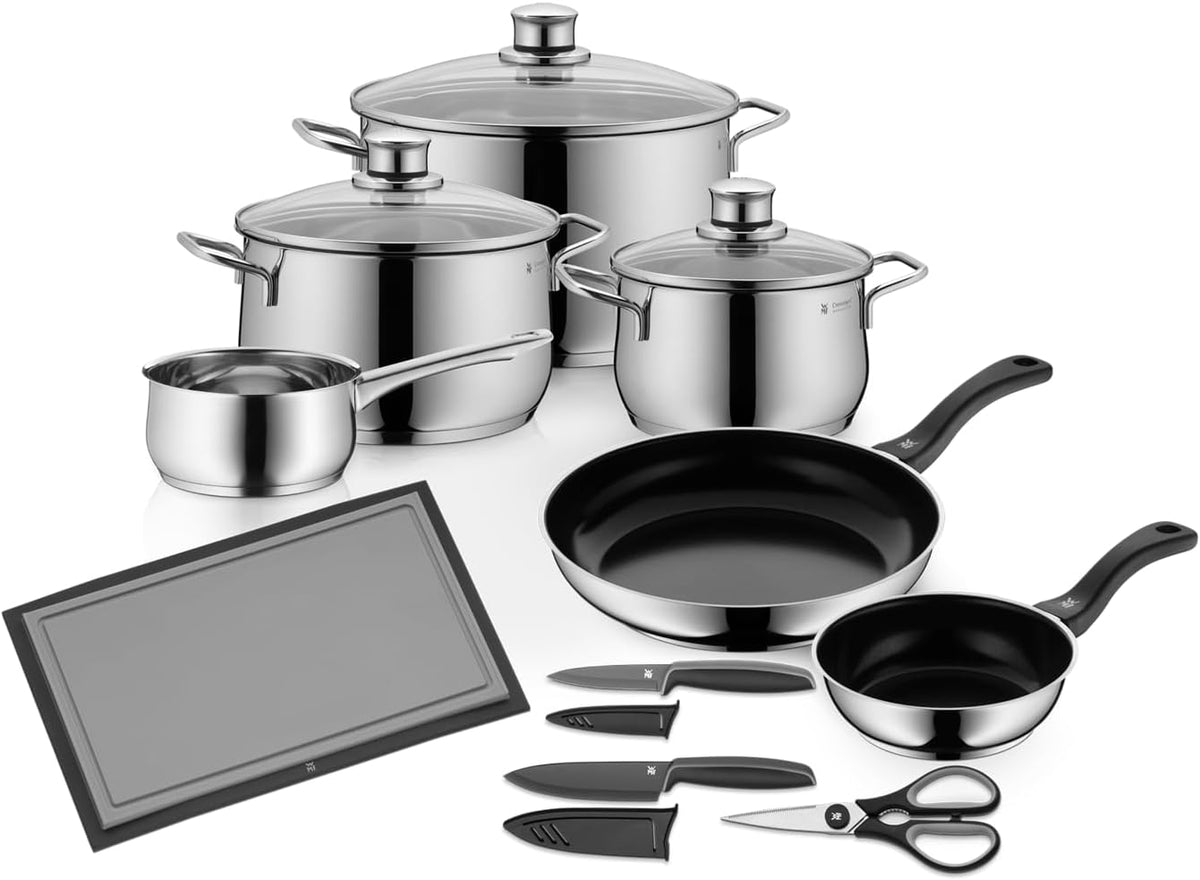 WMF Gasherd, Silber, Diadem Plus Topfset Induktion 10-teilig, Kochtopf Set mit Glasdeckel, Cromargan Edelstahl poliert
