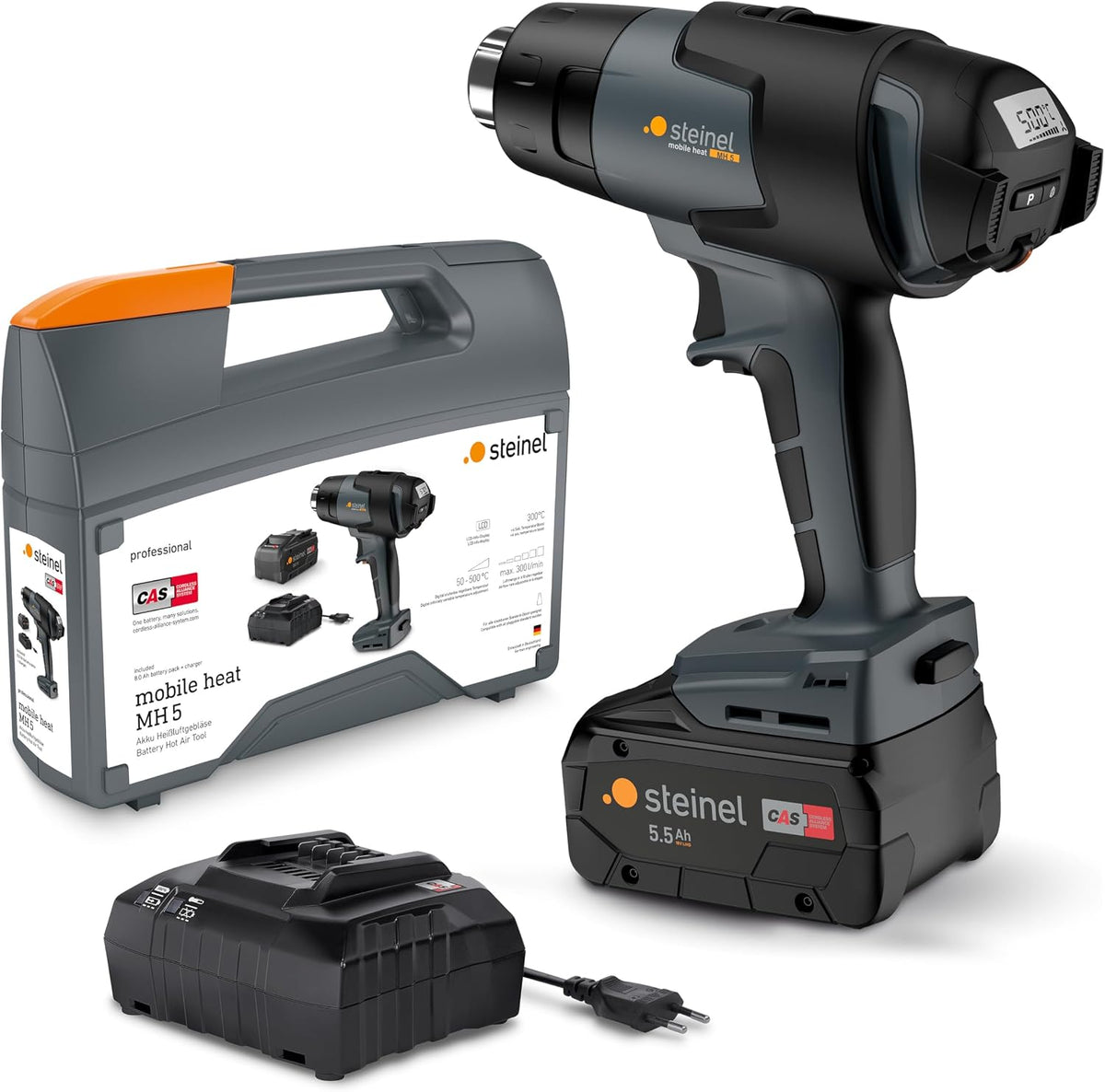 Steinel Heißluftpistolen, 5.5 Ah, 300 l, 18 V, Schwarz, Akku Heißluftpistole MobileHeat MH5, inkl. Metabo CAS Akku