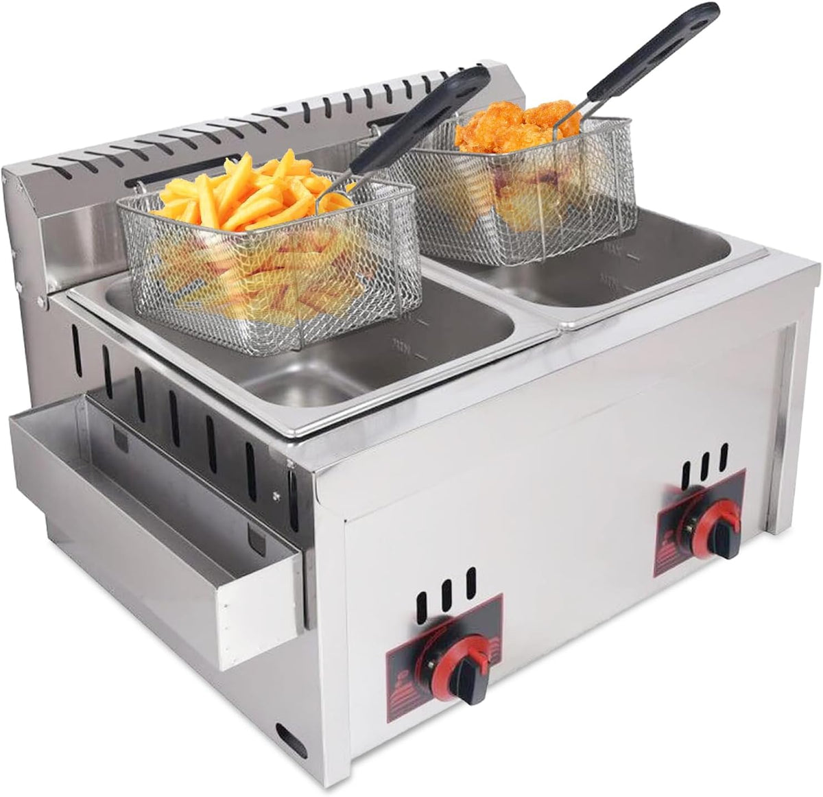 robwibw Heißluftfritteuse, 20 L, Silber, Gas Fritteuse Gastro Gewerbliche Doppel Gasfritteuse, Heimküche, Snackbar