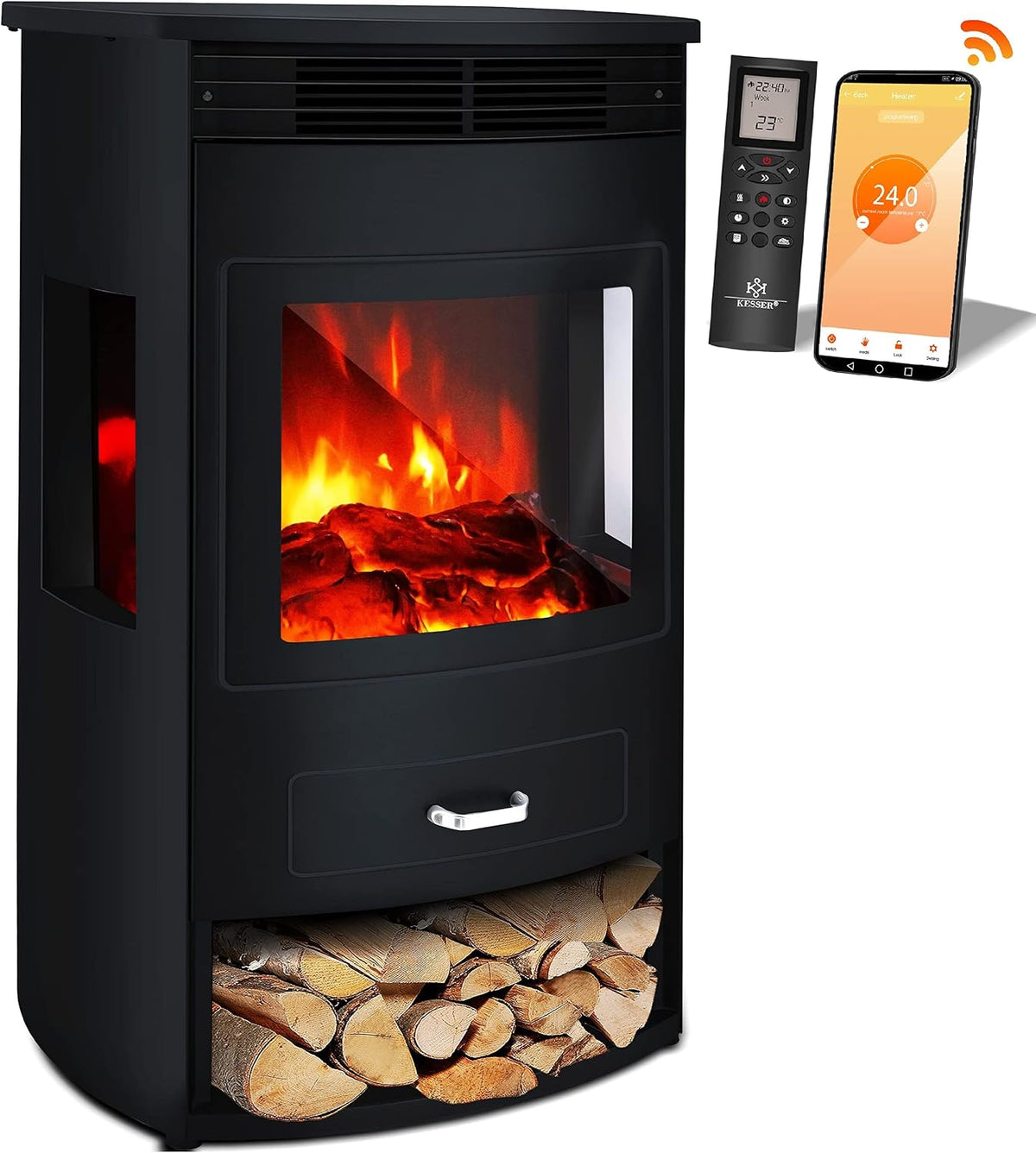 KESSER Elektrokamin, 1900 W, Schwarz, ® Prio mit Heizung Heizlüfter Fernbedienung WiFi App 950/