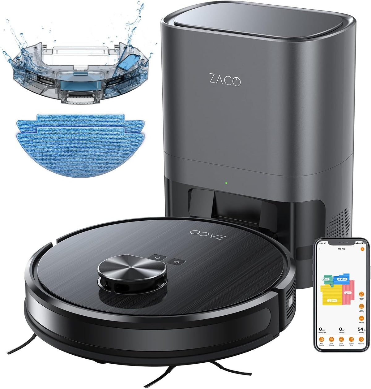 ZACO Saugroboter, 2,5l, Schwarz, A10 Pro mit Wischfunktion, Absaugstation bis 60 Tage, Lasernavigation, 3000Pa