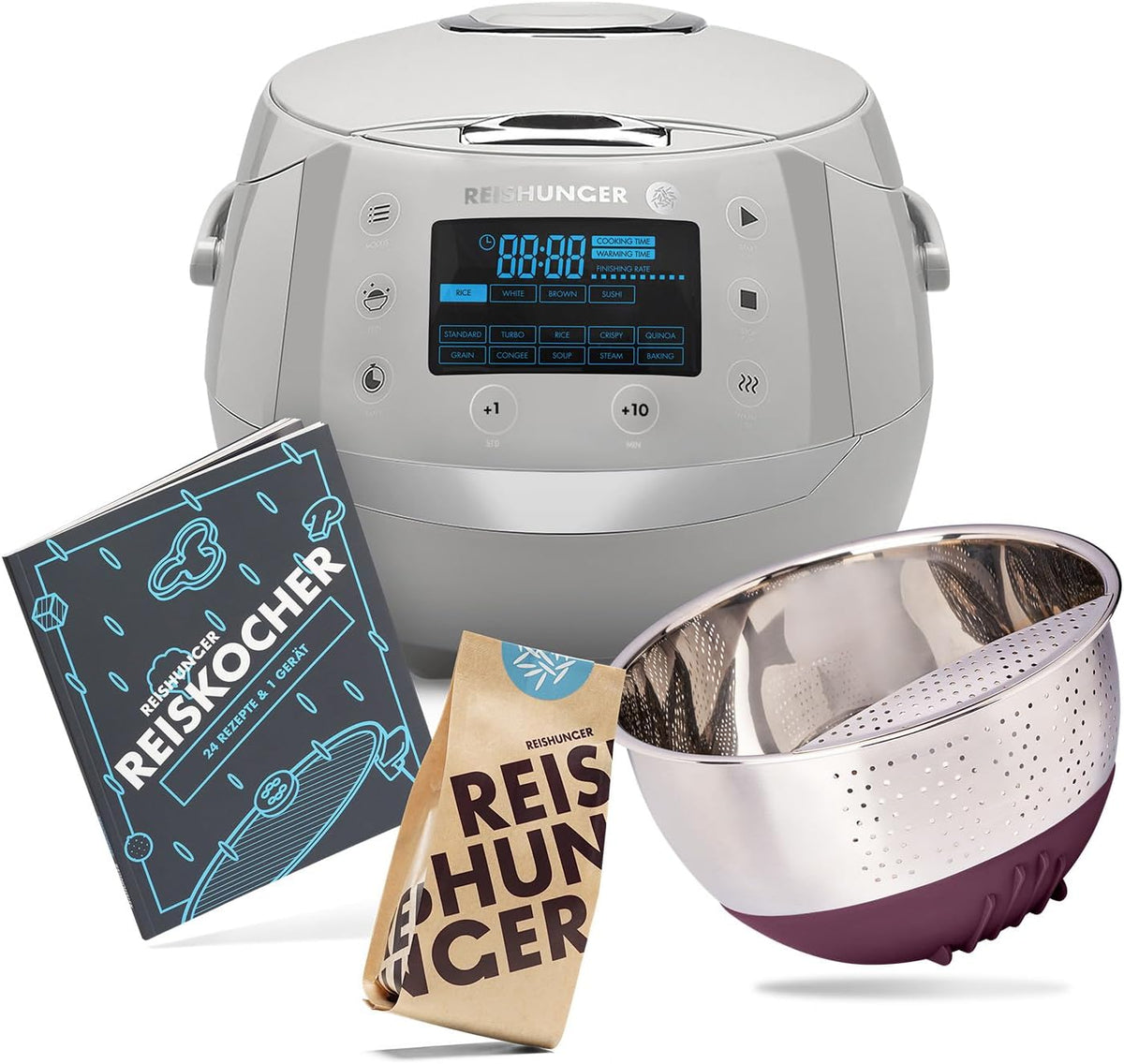 Reishunger Reiskocher, 860-1020 W / 220-240 V, Grau, Starter Set Digitaler & Dampfgarer