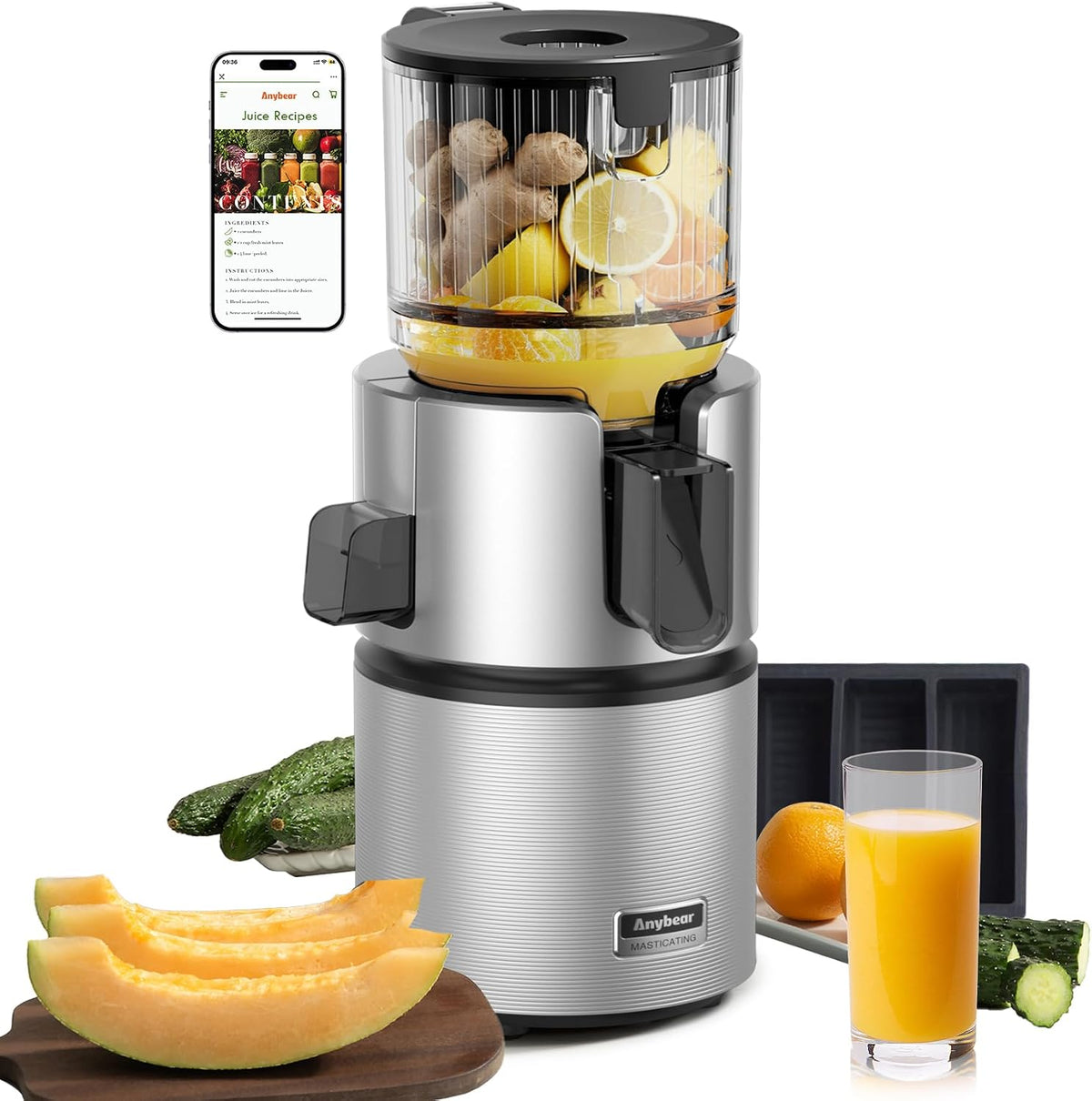 Anybear Mastizier-Entsafter mit einer Schnecke, 124 mm, 350 W, Schwarz, Einfüllschacht für Ganze Früchte und Gemüse