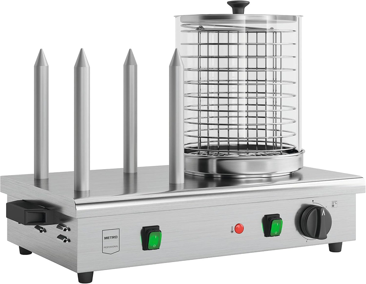 METRO Professional Hot Dog-Maschinen, 550 W, Silber, Hot Dog Maker mit 4 Brotstangen GHM2001, Edelstahl, Temperaturbereich bis 100°C