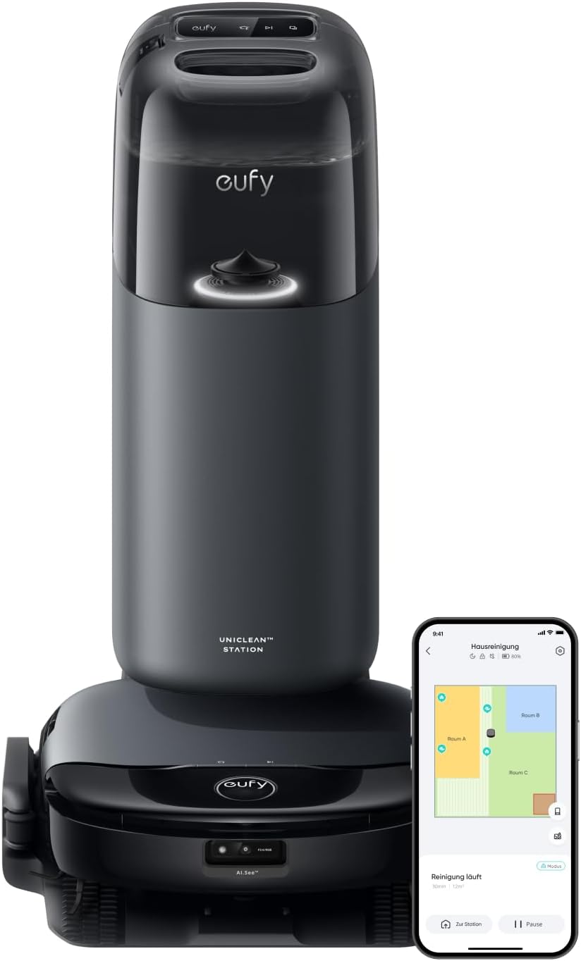 eufy Saugroboter, Schwarz, All-in-One Station, Always Clean Mop, 000 Pa Suction, Hot Water Mop Washing, Self-Drying