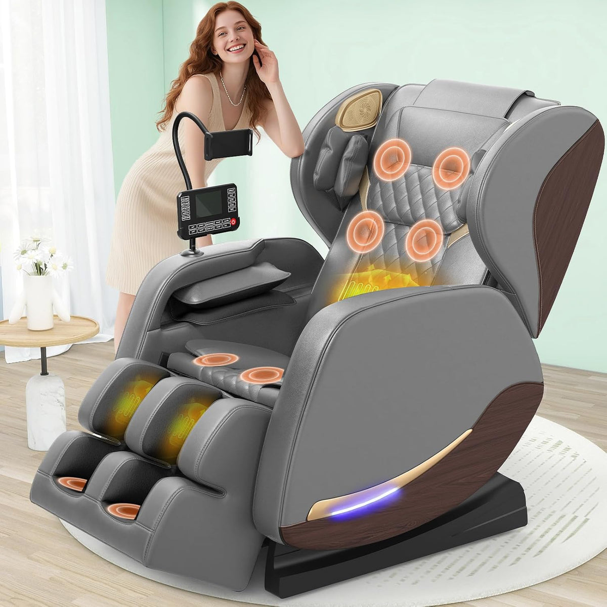 yewglen Audiogerät, Grau, Ganzkörper Massagesessel, Zero Gravity Massagestuhl für Heimkino, 14 Rollen, 8 Airbags
