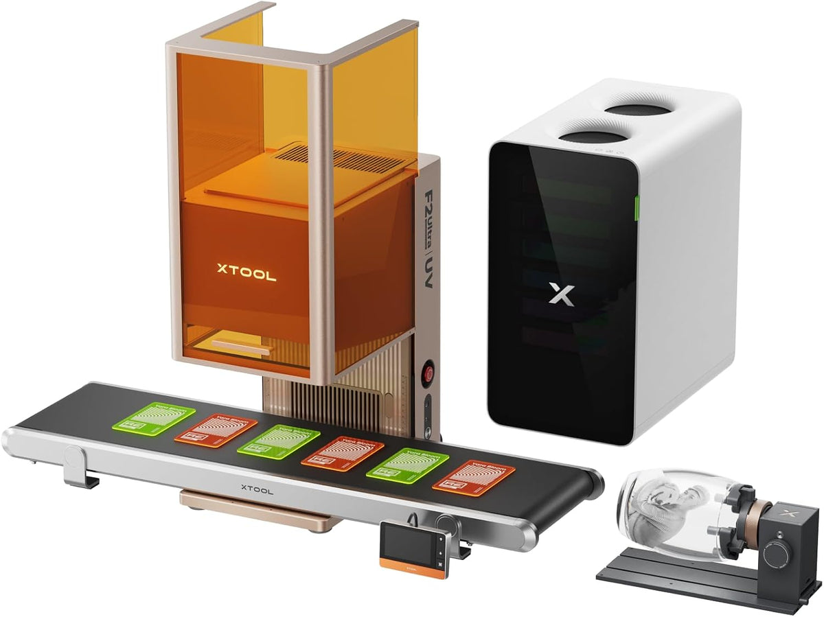 xTool Dunstabzugshaube, 5 W, Weiß, F2 Ultra UV Deluxe Bundle, inkl. UV-Laser, Förderband, RA3 Rotary & AP2-Luftreiniger