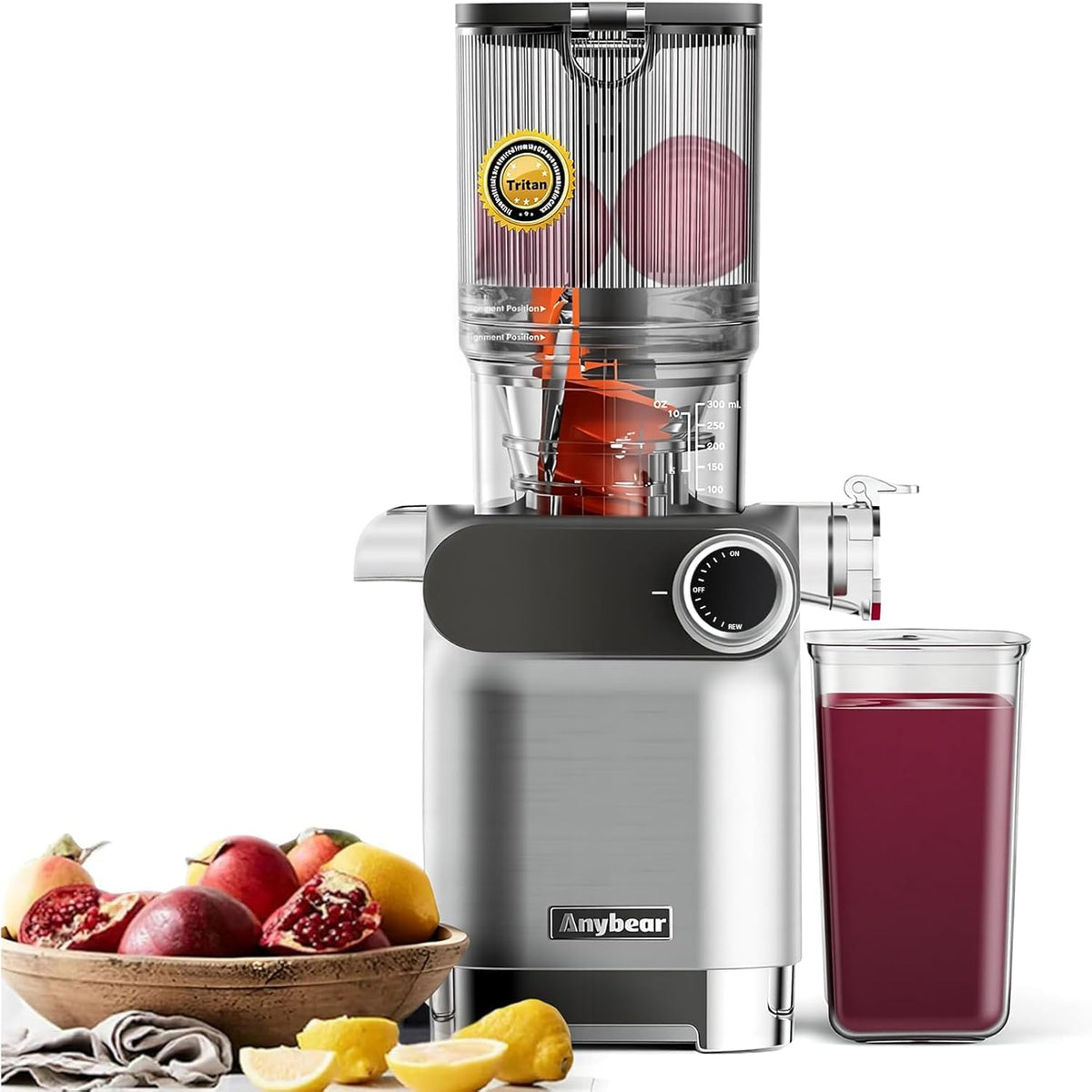 Anybear Mastizier-Entsafter mit einer Schnecke, 110 mm, 200 W, Schwarz, Entsafter Slow Juicer, Einfüllschacht, BPA-frei